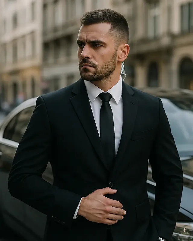 Agent de protecție apropiată lângă autovehicul