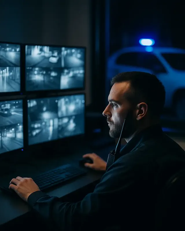 Operator de dispecerat urmărind un perete de camere, noaptea